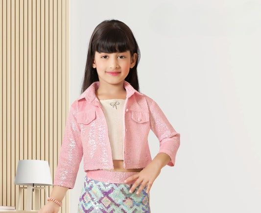 Pink Sequin Jacket and Multi-Color Embellished Skirt Co-ord Set for Girls