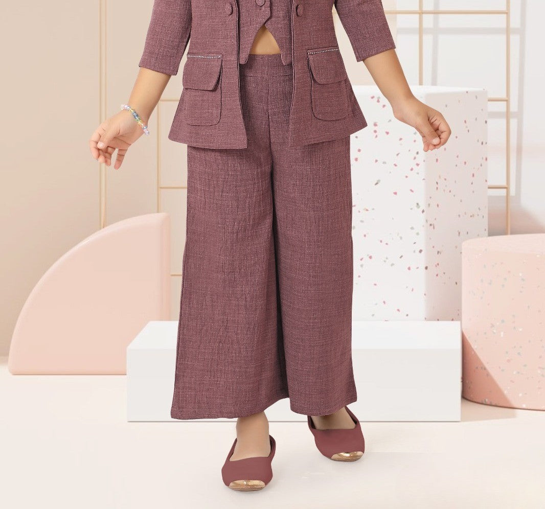 Maroon Blazer Co-ord Set with Embellished Lapel for Girls