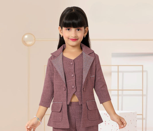Maroon Blazer Co-ord Set with Embellished Lapel for Girls