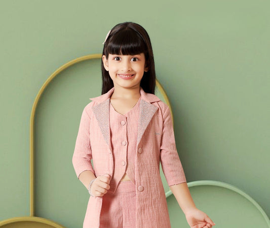 Blush Pink Sleeveless Blazer & Shorts Co-ord Set for Girls