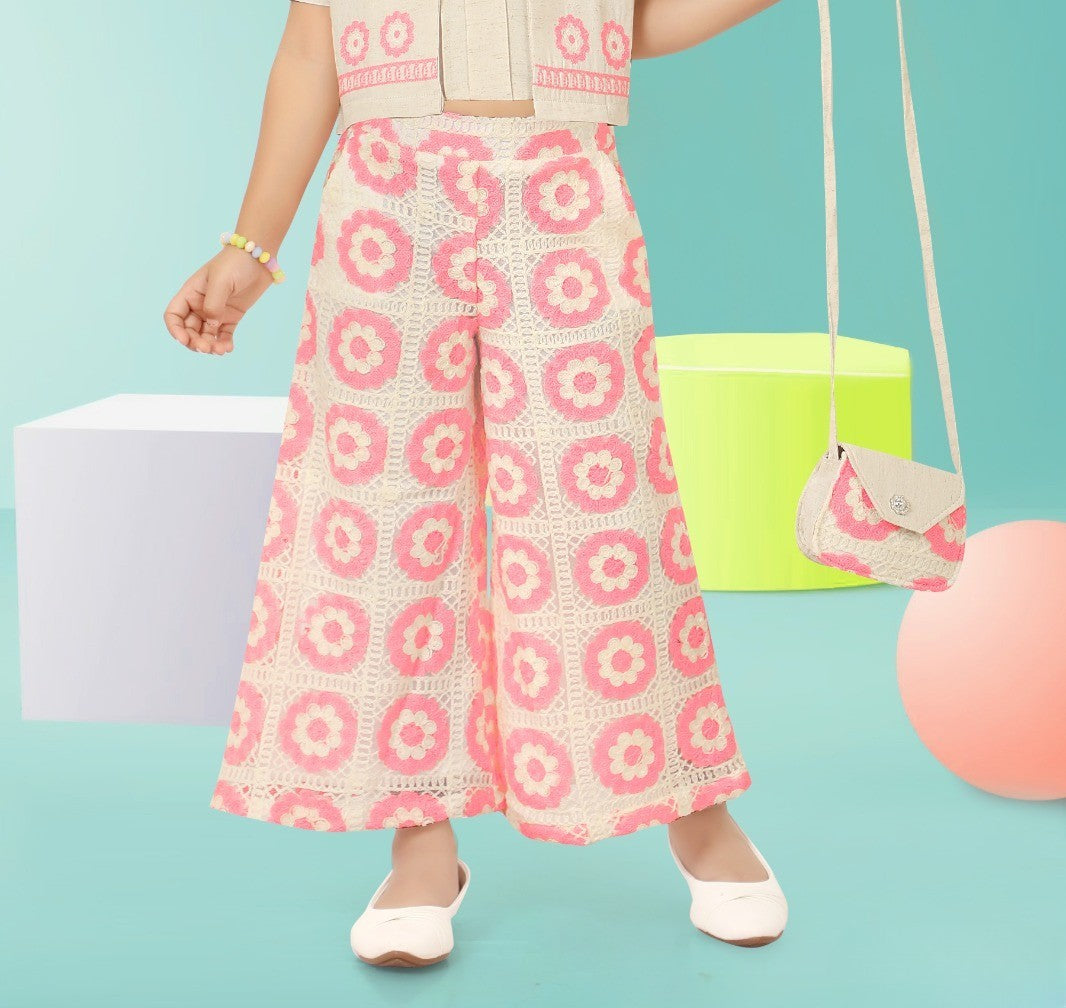 Beige & Pink Floral Co-ord Set with Mini Sling Bag for Girls