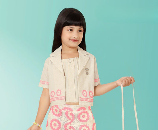 Beige & Pink Floral Co-ord Set with Mini Sling Bag for Girls