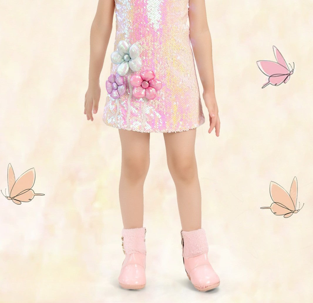 Pink Rainbow Sequin Flower Dress for Girls