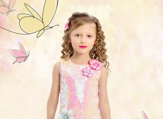 Pink Rainbow Sequin Flower Dress for Girls