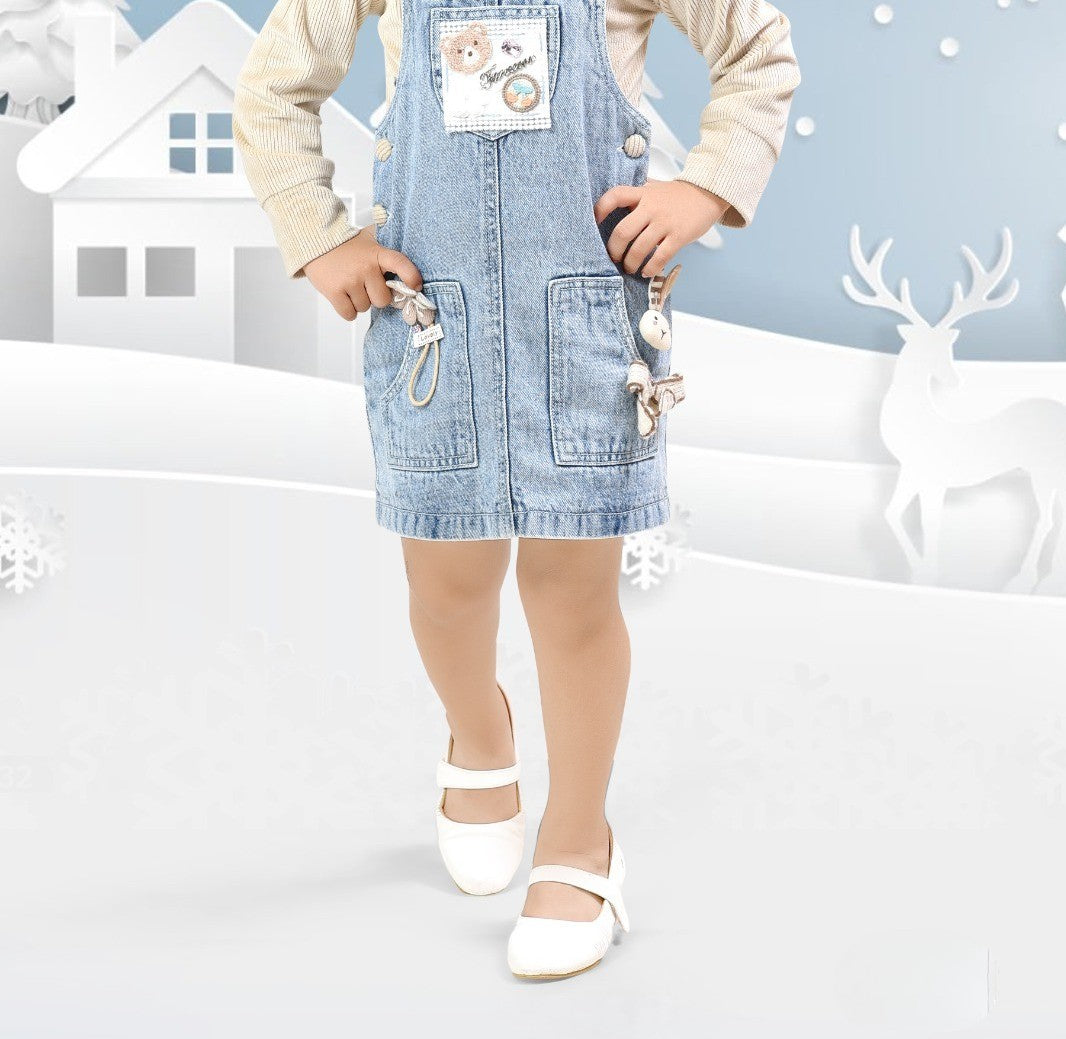 Light Blue Denim Dungaree with Beige Full-Sleeve Top
