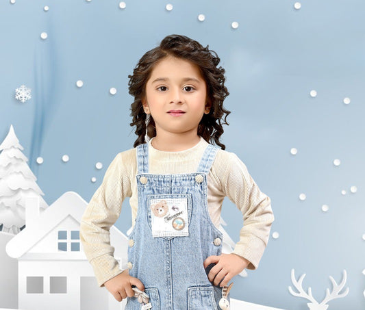 Light Blue Denim Dungaree with Beige Full-Sleeve Top