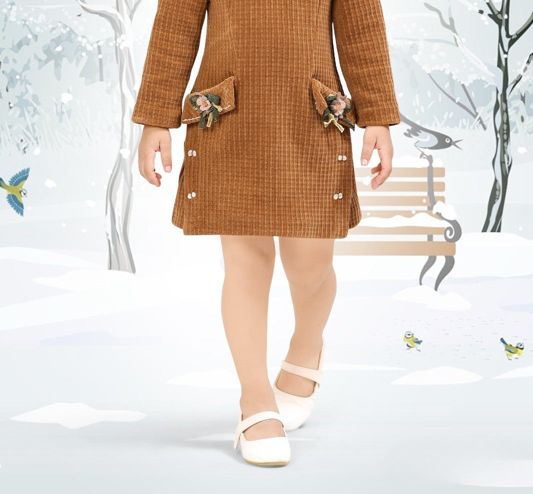 Rust Brown Corduroy Winter Dress with Floral Pocket Detailing