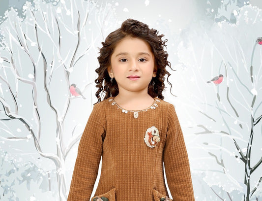 Rust Brown Corduroy Winter Dress with Floral Pocket Detailing