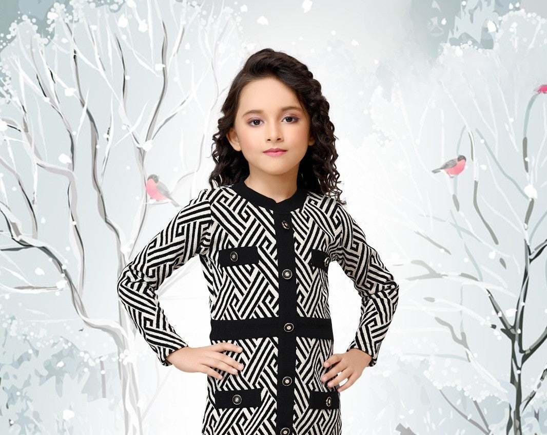 Black & White Geometric Winter Button-Front Dress