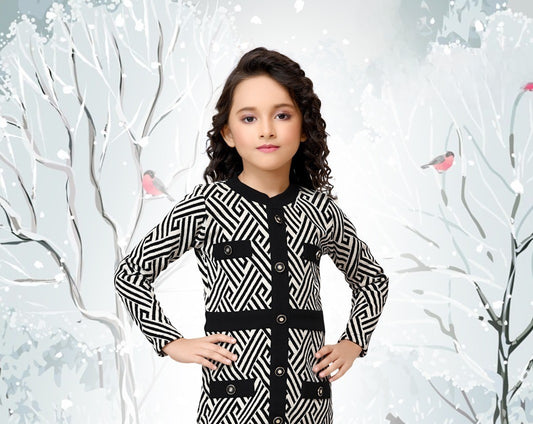 Black & White Geometric Winter Button-Front Dress