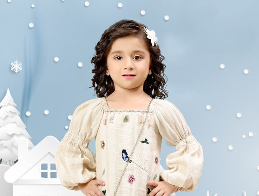Ivory Floral Embroidered Puff-Sleeve Winter Dress