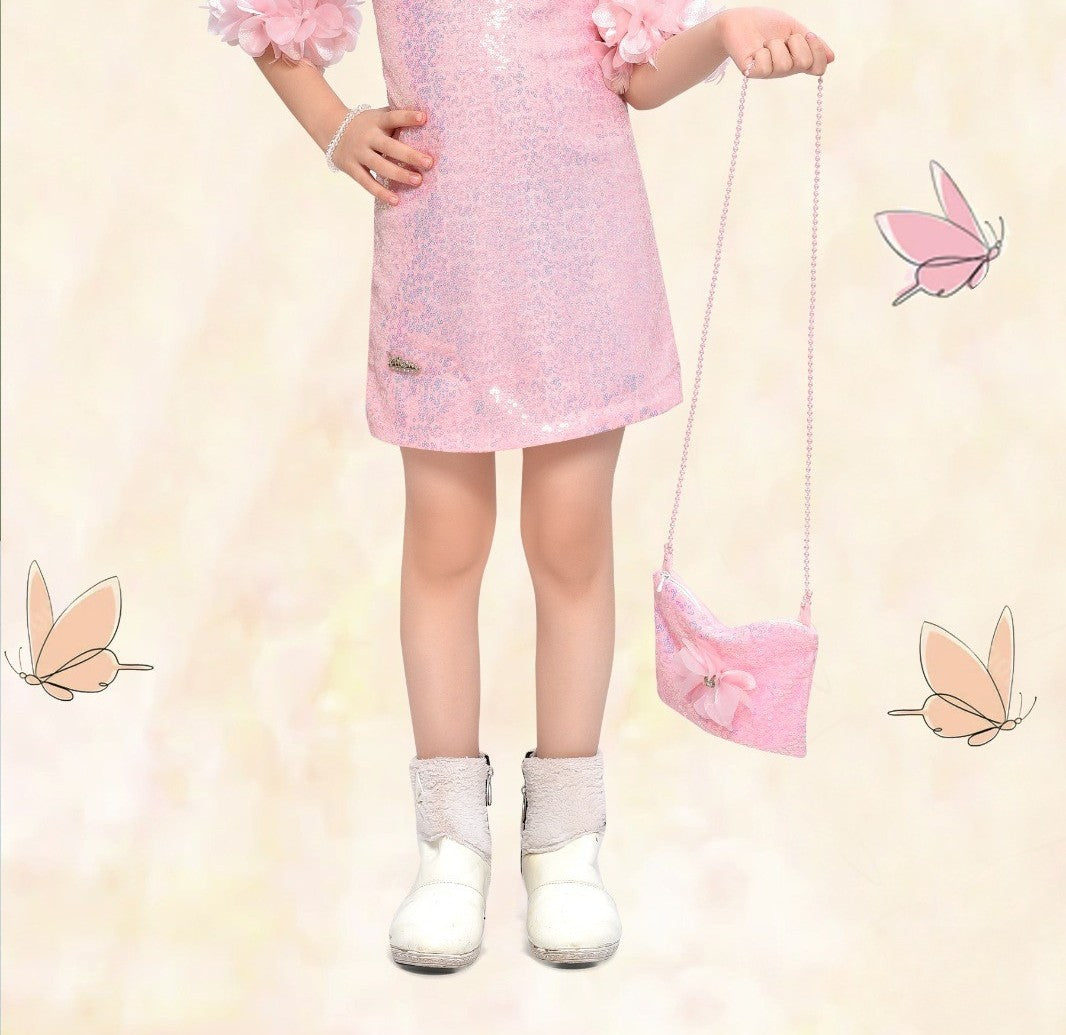 Blush Pink 3D Floral Sequin Party Dress with Purse