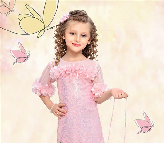 Blush Pink 3D Floral Sequin Party Dress with Purse
