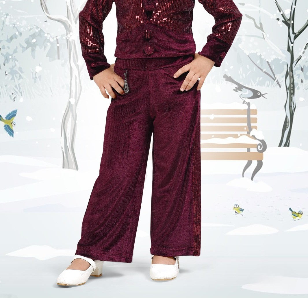 Wine Maroon Velvet Sequin Co-Ord Set for Girls