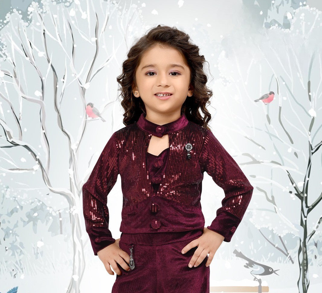 Wine Maroon Velvet Sequin Co-Ord Set for Girls