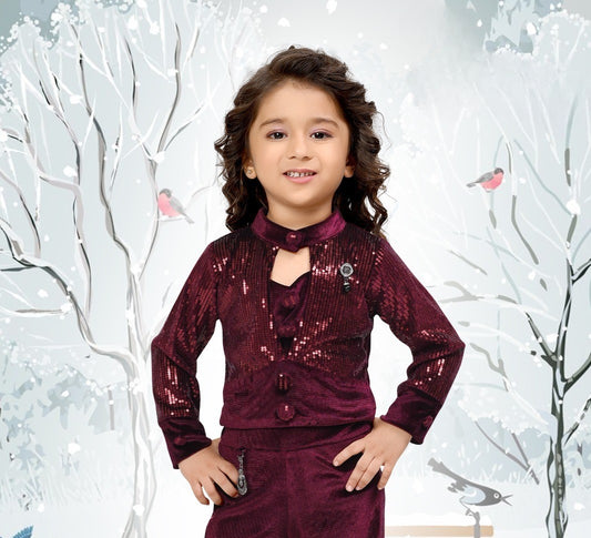 Wine Maroon Velvet Sequin Co-Ord Set for Girls