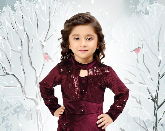 Maroon Velvet Sequin Pleated Dress for Girls
