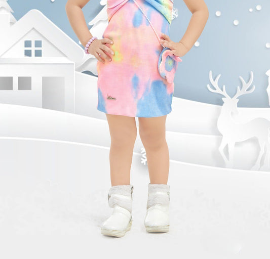 Multicolor Tie-Dye Strap Dress with Mini Bag for Girls