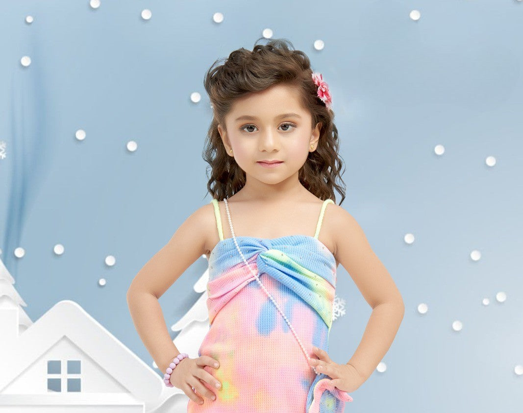 Multicolor Tie-Dye Strap Dress with Mini Bag for Girls