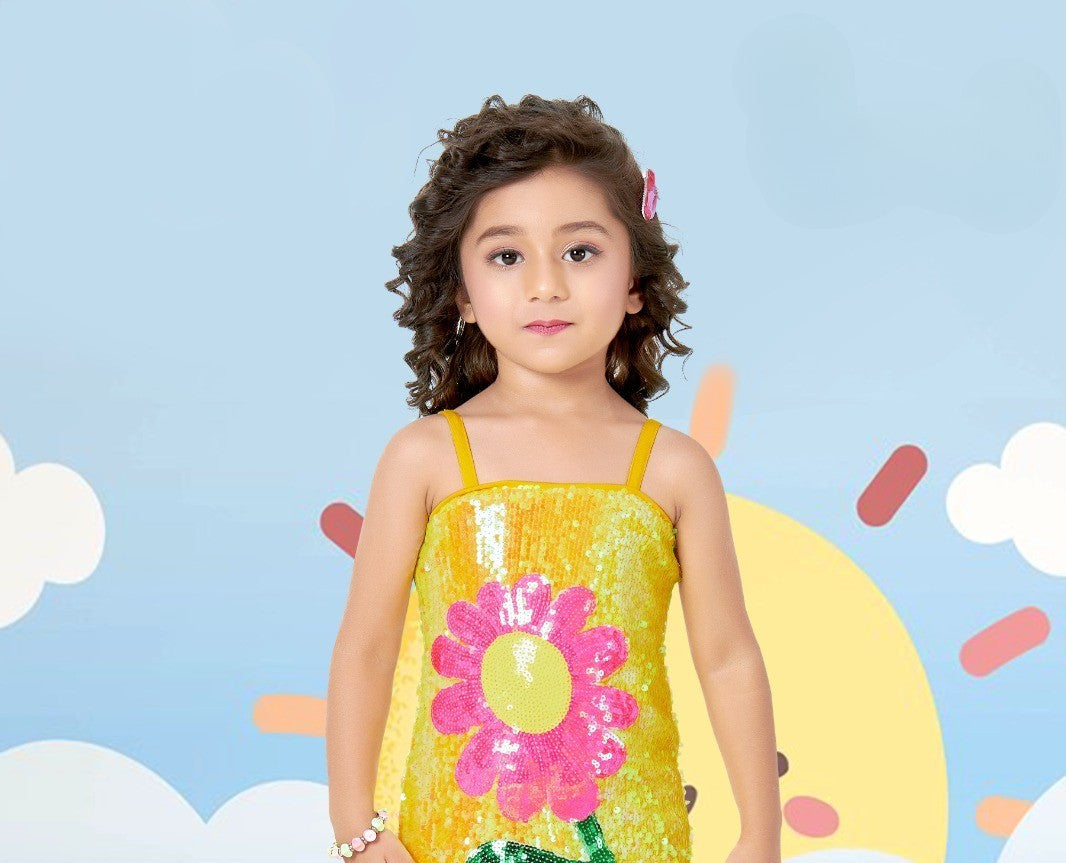 Yellow Sequin Flower Princess Party Dress