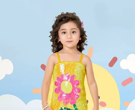 Yellow Sequin Flower Princess Party Dress