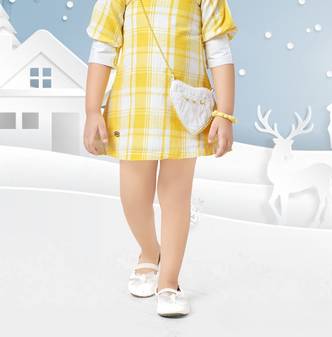 Yellow Checked Layered Shirt Dress for Girls