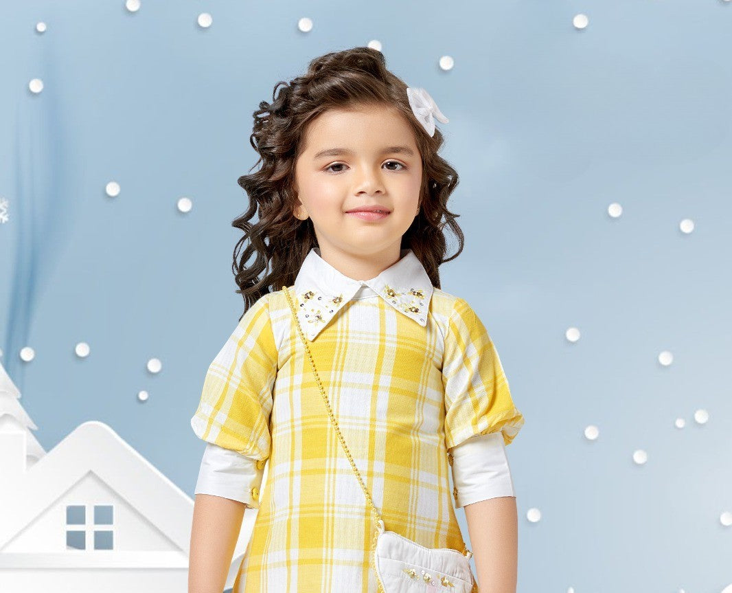Yellow Checked Layered Shirt Dress for Girls