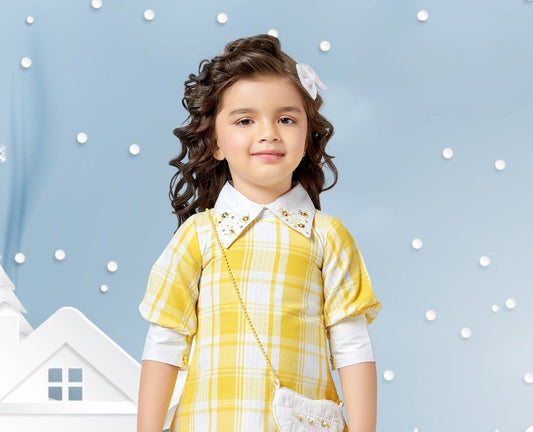 Yellow Checked Layered Shirt Dress for Girls