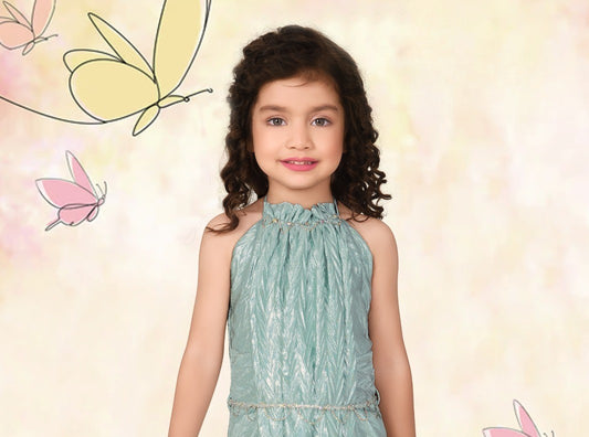 Sea Green Girls’ Sleeveless Gathered Party Dress