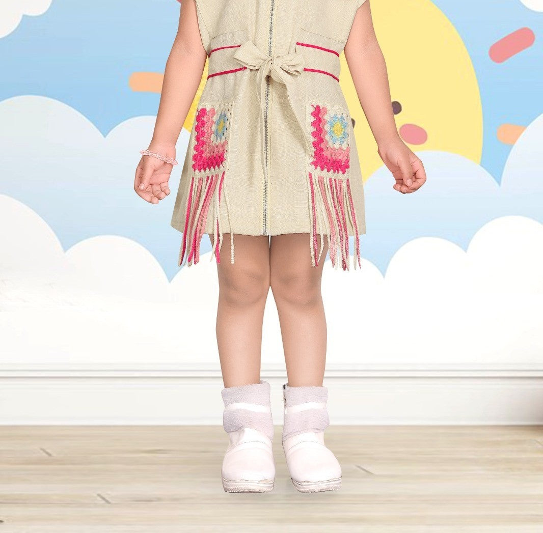 Beige Girls’ Sleeveless Utility Dress with Crochet Fringe Detail