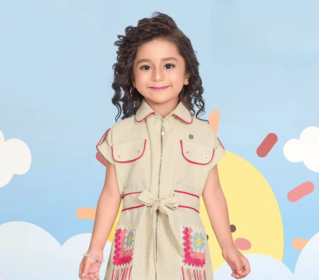 Beige Girls’ Sleeveless Utility Dress with Crochet Fringe Detail