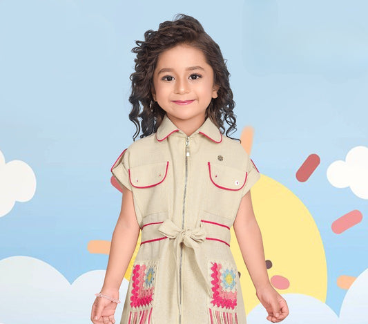 Beige Girls’ Sleeveless Utility Dress with Crochet Fringe Detail