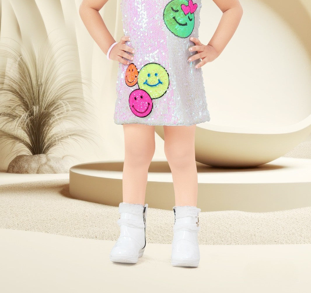 White Multicolour Girls’ Sequin Smiley Shift Dress
