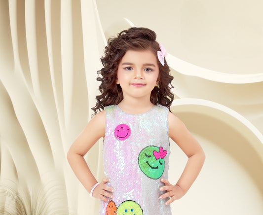 White Multicolour Girls’ Sequin Smiley Shift Dress