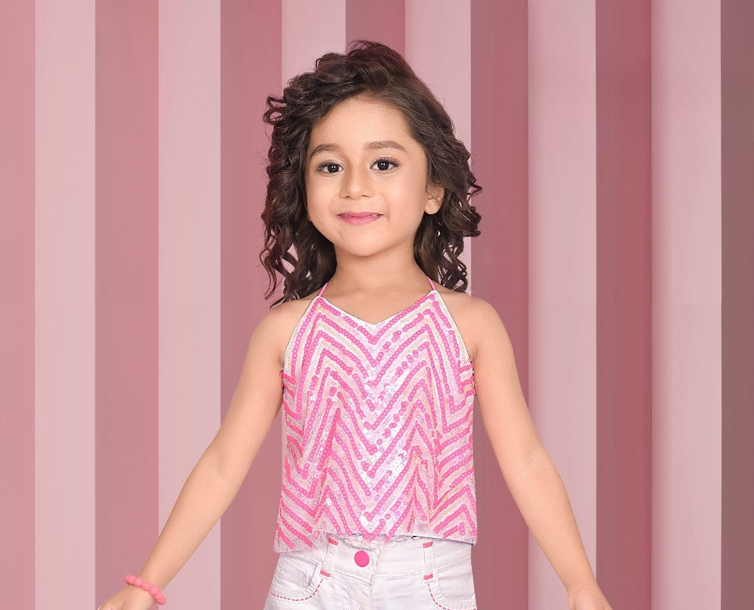 Pink Sequin Halter Top with White Shorts Girls' Casual Party Set