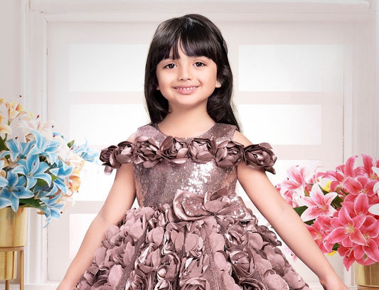 Onion Pink 3D Rose Bloom Party Dress