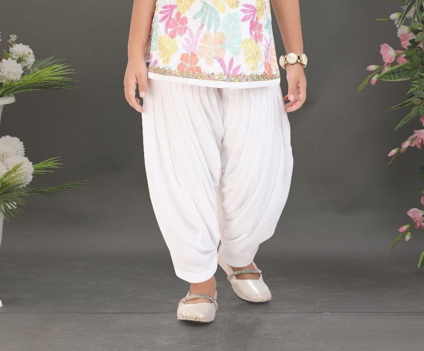 White & Multicolor Princess Floral Dhoti Set