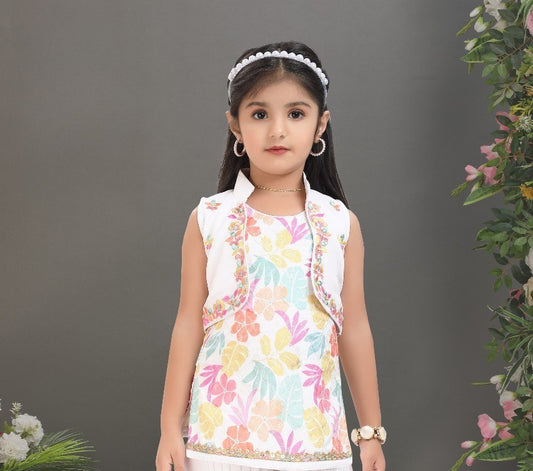 White & Multicolor Princess Floral Dhoti Set