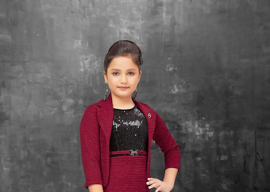 Maroon Glam Sequin Panel Party Dress with Jacket for Girls