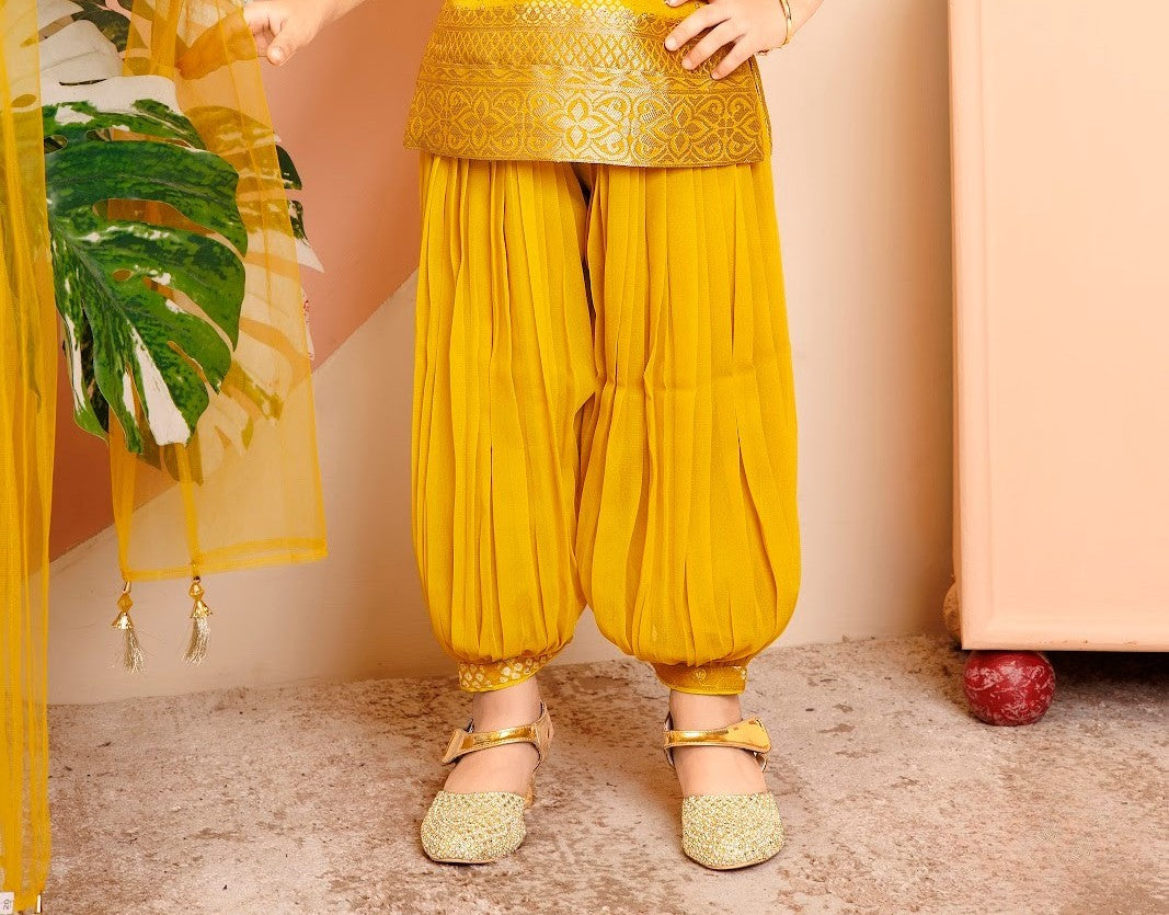 Yellow Princess Embroidered Dhoti Set for Girls