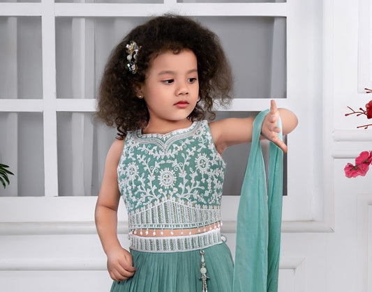 Teal Princess Embroidered Lehenga Choli Set for Girls