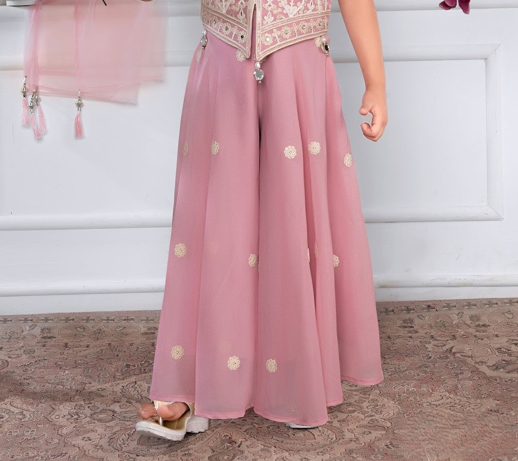 Dusty Pink Princess Embroidered Palazzo Set for Girls
