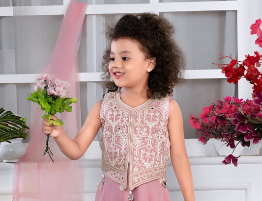 Dusty Pink Princess Embroidered Palazzo Set for Girls