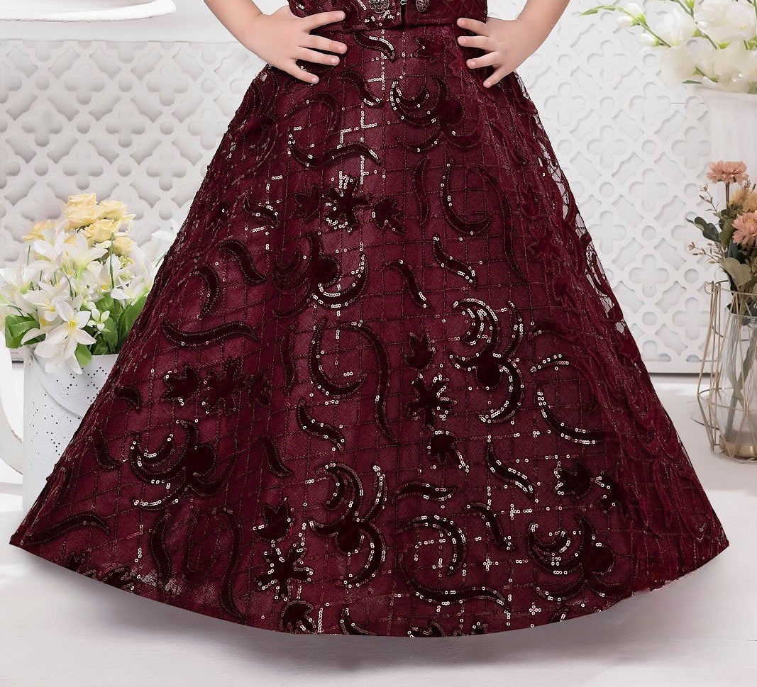 Maroon Princess Sequin Party Gown with Detachable Jacket