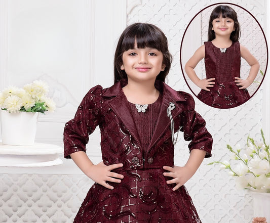 Maroon Princess Sequin Party Gown with Detachable Jacket