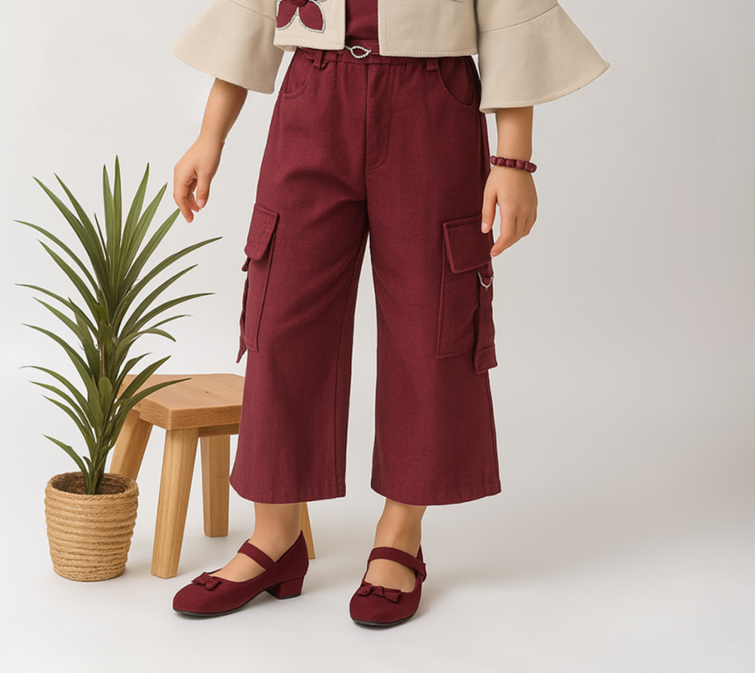 Maroon & Beige Princess Utility Jacket Jumpsuit Set