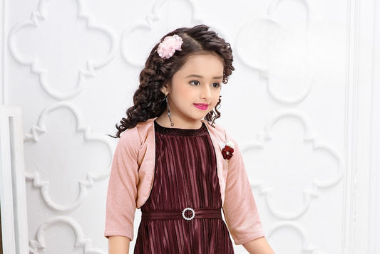 Maroon Princess Pleated Dress with Pink Shrug Set