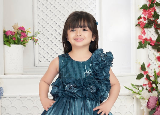 Teal Princess Sequin Flower Bubble Party Dress