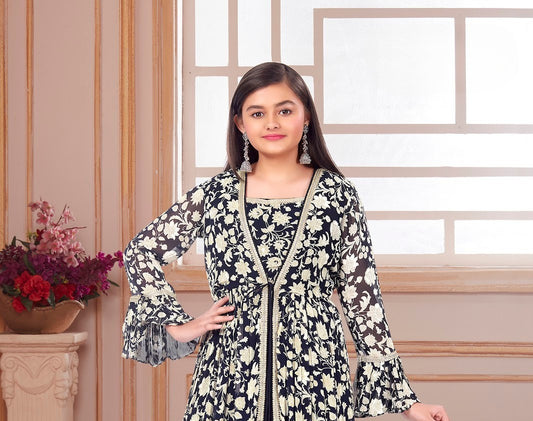 Midnight Bloom Sharara Set For Girls