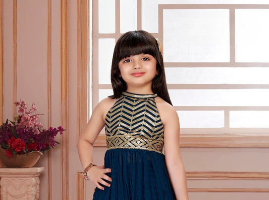 Navy Blue Glam Georgette Princess Gown